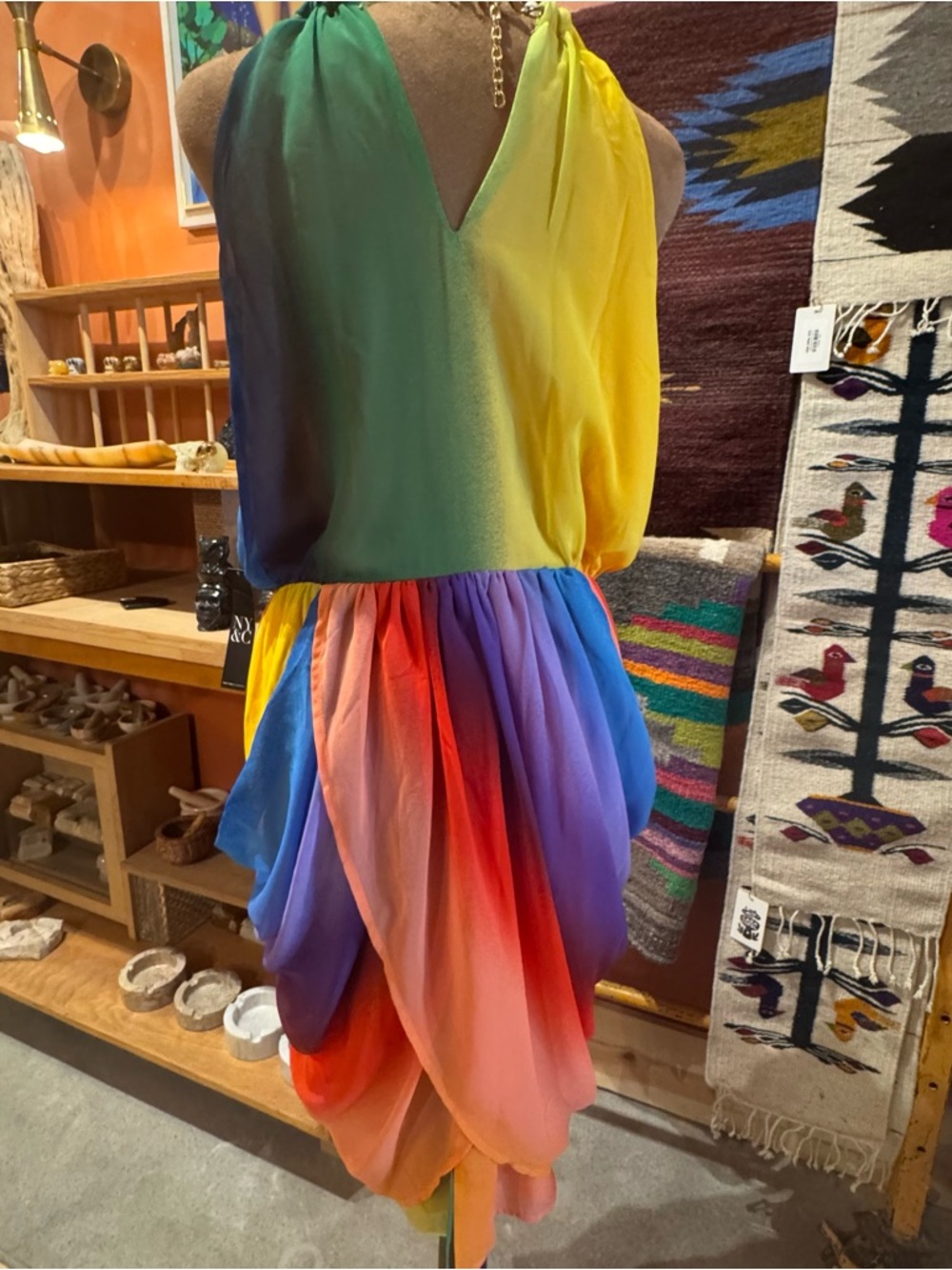 Vibrant Rainbow Halter Dress with Draped Skirt Medium - Picture 4 of 15